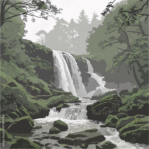 Waterfall in a Forest with Mossy Rocks