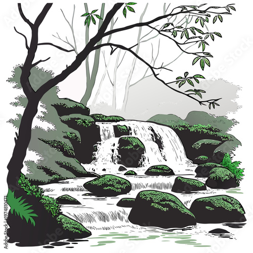 Waterfall in forest with tree and moss rocks