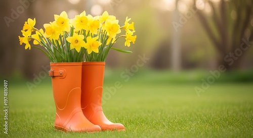 Bright easter day blooms daffodils in boots for a spring celebration
