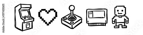 Set of hand-drawn retro gaming icons including an arcade cabinet, pixel heart, joystick, cartridge, and pixel character. Minimalist black and white sketch style for vintage video game nostalgia.