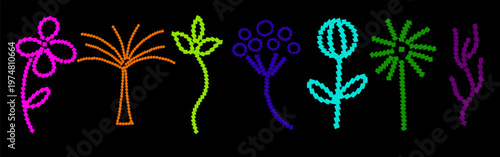 Y2k Neon Pixel Flower Icon Set on black background. Flower doodle. Vintage digital blocky vector style with bold geometric shapes. Retro trendy brutal style. Poster bitmap art for design