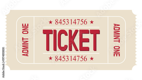 Classic admit one ticket in beige and red with bold typography and serial numbers, perfect for cinema, events, invitations, coupons, and retro designs.