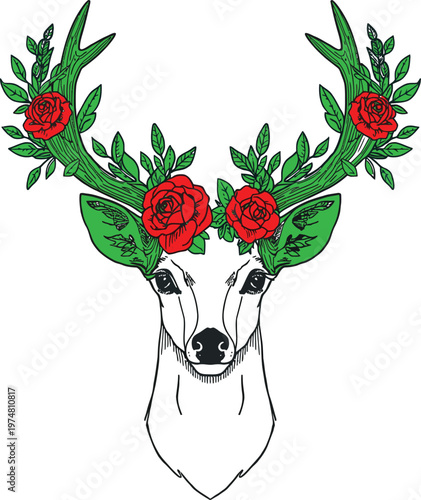 Whimsical deer head adorned with festive floral antlers and roses