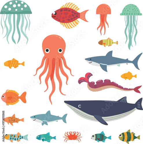 Colorful illustration of diverse marine and oceanic creatures