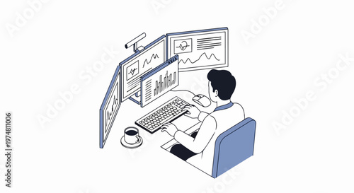 Data Analyst or Stock Trader Working with Multiple Screens, Isometric Line Art Illustration of Modern Workspace with Financial Charts and Graphs