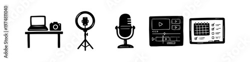 Hand-drawn content creation icon set featuring a laptop, camera, ring light, microphone, video editor, and planner. Perfect for vloggers, influencers, and digital marketing illustrations.
