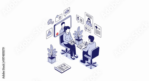 Isometric Recruitment and Job Interview Illustration with HR Professionals, Candidate Profiles, Remote Video Conference, and Business Hiring Concept Line Art