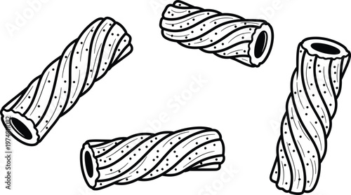 Rigatoni Pasta Line Art Set with Different Tube Pasta Shapes Hand Drawn Italian Food Illustration for Cooking Design and Kitchen Graphics