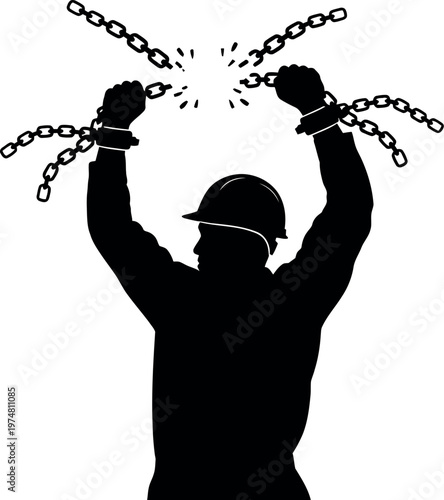 Powerful silhouette illustration of a determined worker, wearing a hard hat, breaking free from restrictive chains, symbolizing liberation, triumph, and newfound freedom.