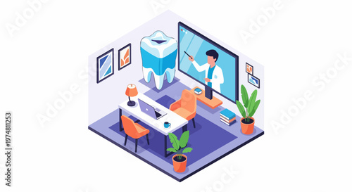 Modern Isometric Teledentistry and Online Dental Consultation Concept with Doctor on Screen and Large Tooth Model