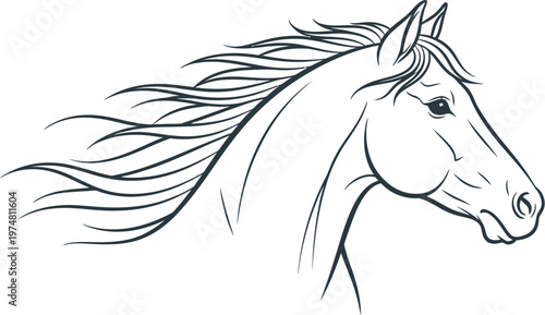 Elegant black and white line art illustration showcasing a graceful horse head with a flowing mane in motion, perfect for equestrian designs and animal themed projects.