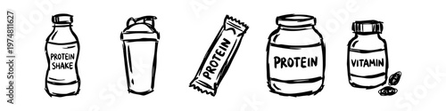 Hand-drawn doodle set of sports supplements: protein shake, shaker, protein bar, powder jar, and vitamin bottle. Black ink sketch style icons for fitness and nutrition.