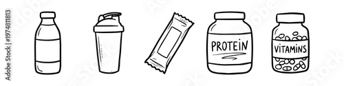 Hand-drawn doodle set of sports nutrition and fitness supplements, including protein powder, vitamin pills, energy bar, and shaker bottle. Minimalist black and white line art vector icons.