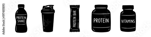 Set of black silhouette icons for sports nutrition and supplements, including protein powder, shake bottle, shaker cup, snack bar, and vitamins, isolated on white background.