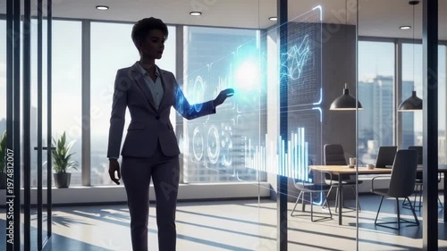 Professional interacting with futuristic digital display in modern office environment