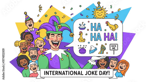 International Joke Day Celebration Illustration – Diverse People Laughing with Jester, Humor Icons, Fun Party Concept