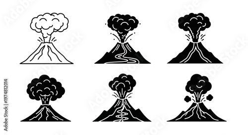 Volcano Eruption Icons Set: Active Volcanoes with Smoke and Lava Flow