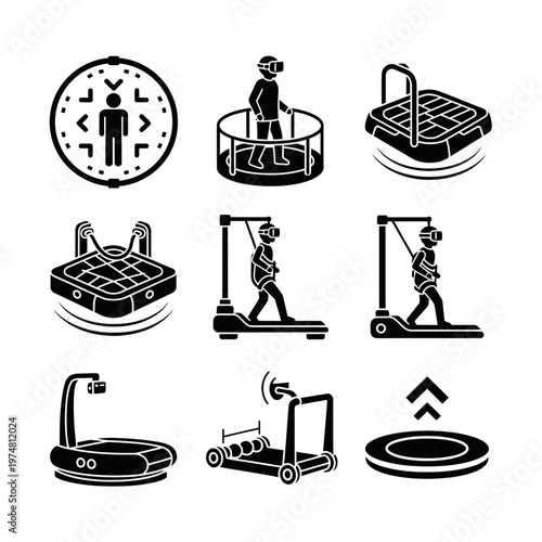 Virtual Reality Gaming Equipment Icons: VR Treadmills, Locomotion Systems, and Simulators