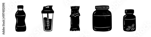Set of hand-drawn sports supplement icons including a protein shaker, water bottle, protein bar, powder tub, and vitamin bottle. Minimalist fitness nutrition doodles on a white background.