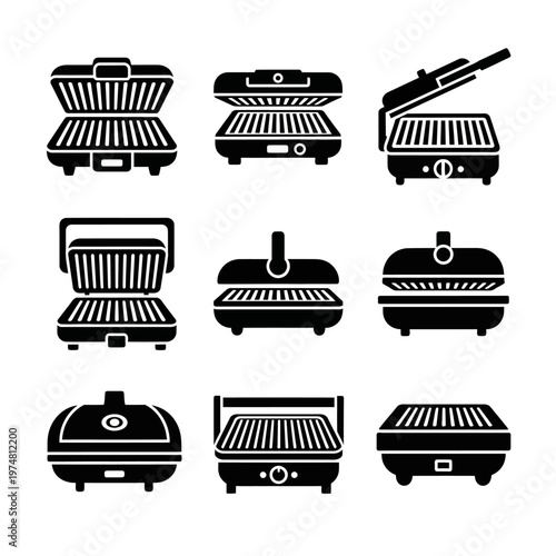 Grill Maker Icons Set: Various Sandwich and Panini Presses, Electric Griddles