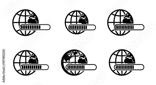 Global Loading Progress Icons: Internet Connection, Data Transfer, and Network Status