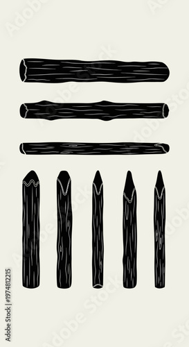 Hand-drawn illustration of sharpened wooden stakes and logs