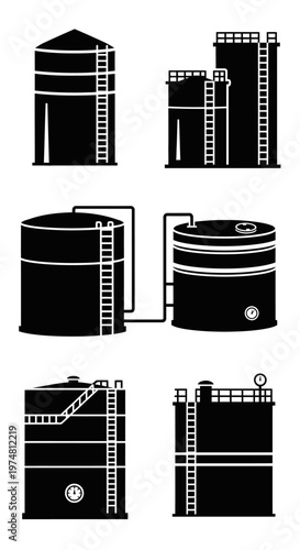 Industrial Storage Tanks Silhouettes: Set of Icons for Oil, Gas, Water, Chemical Storage