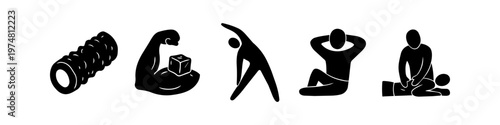 A collection of minimalist black icons focused on muscle recovery and athletic wellness, featuring a foam roller, ice therapy, stretching, rest, and professional massage treatment.