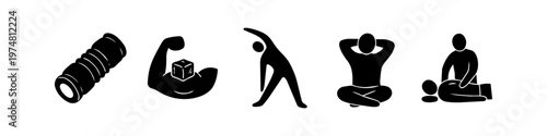 Muscle recovery and physical therapy icon set featuring foam rolling, ice therapy, stretching, meditation, and massage. Black silhouettes on white background for wellness and rehabilitation themes.