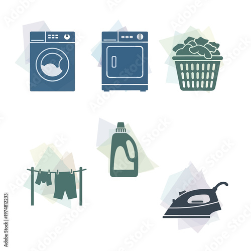 Laundry Room Icons: Washer, Dryer, Basket, Detergent, Clothesline, Iron