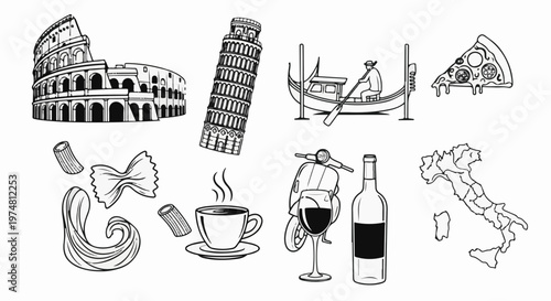 Collection of Italian landmarks, food, and cultural icons in a black and white sketch style