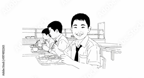Cheerful child in school uniform eats lunch with friends at a cafeteria