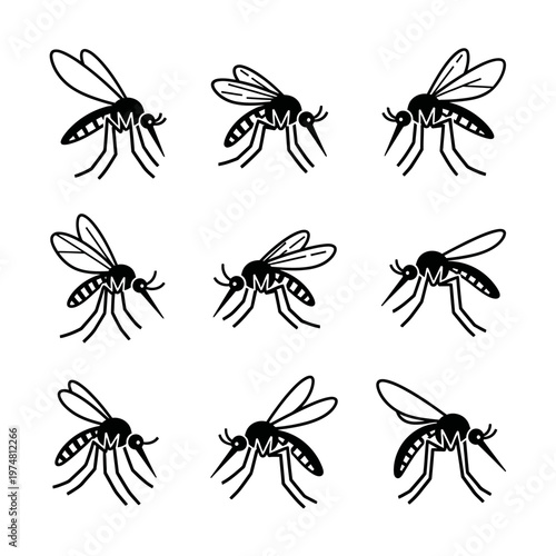 Mosquitoes Illustration: Set of 9 Black and White Vector Graphics