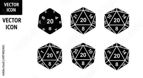 Set of Black Polyhedral Dice Icons for Tabletop RPGs and Board Games