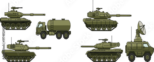 Military Tank and Vehicle Icons Set Featuring Armored Tanks, Fuel Tanker, Satellite Truck, and Military Transport for Defense and Combat Operations