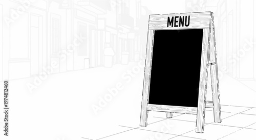 An artistic sketch of a wooden sandwich board displaying the word "MENU" on a sidewalk