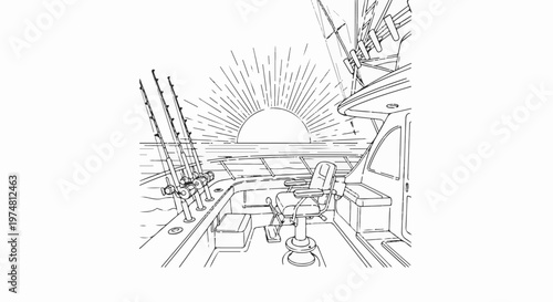 Sunrise over the ocean from a fishing boat's deck with gear