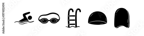 Set of minimalist black swimming icons including a swimmer, goggles, pool ladder, swim cap, and kickboard on a white background.