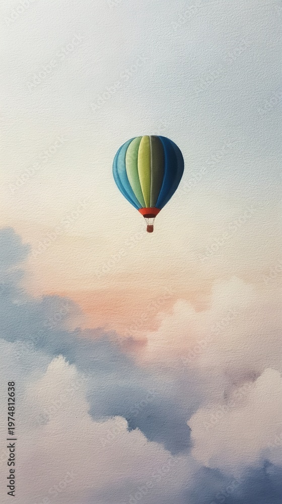 Fototapeta premium Lone hot air balloon drifts through pastel-colored clouds during golden hour