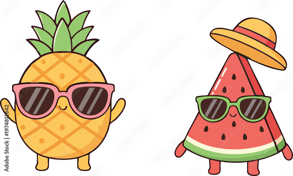 Obraz premium Cute Pineapple and Watermelon Characters Wearing Sunglasses, Kawaii Summer Fruit Cartoon Illustration