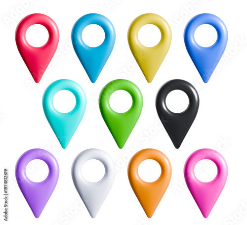Multicolored map pointers isolated on transparent background. Used for navigation and location markers.