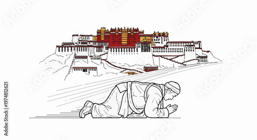 A monk prostrates before a grand palace perched on a hill under a white sky