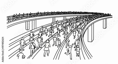 A stylized black and white illustration of a crowd of people moving on multiple levels of elevated walkways