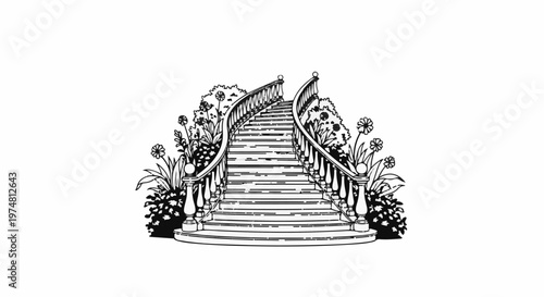 Ornate staircase flanked by flowering bushes, leading upward