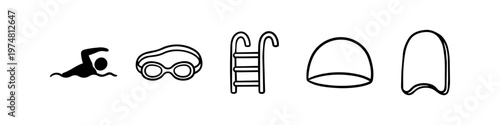 A minimalist black and white swimming icon set including a swimmer silhouette, goggles, pool ladder, swim cap, and kickboard. Perfect for summer sports, fitness, and aquatic activity designs.