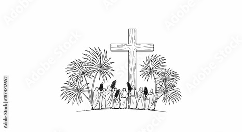 A religious scene depicts a wooden cross with figures holding branches amidst palm trees