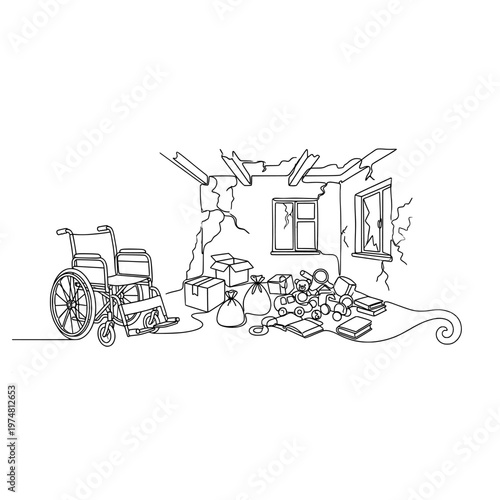 An empty wheelchair and damaged home interior after evacuation, continuous one line doodle drawing