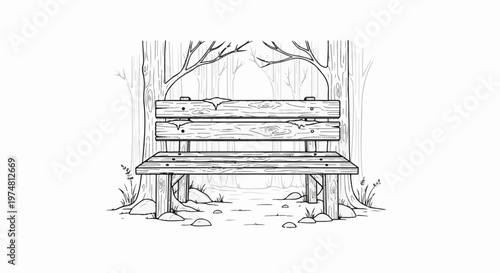 A simple wooden bench rests beneath sparse trees in a forest clearing