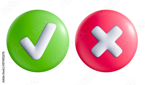 Round buttons with checkmark and cross icons. Simple graphic elements for user interface design.