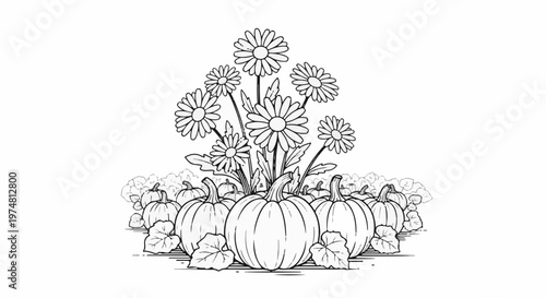 A cheerful autumn harvest scene with plump pumpkins and blooming daisies